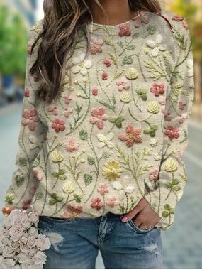 Floral 3D Textured Design Soft Knit Fabric Sweater